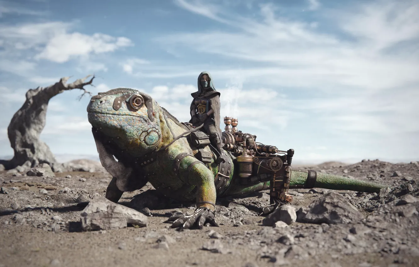 Фото обои девушка, пустыня, механизм, ящерица, стимпанк, наездница, Desert Rider, Manuel Peter