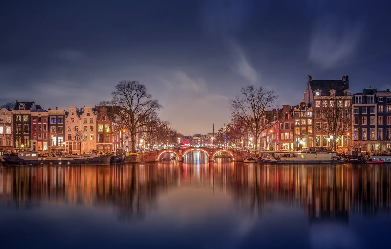 Фото обои огни, дома, вечер, Амстердам, канал, Нидерланды