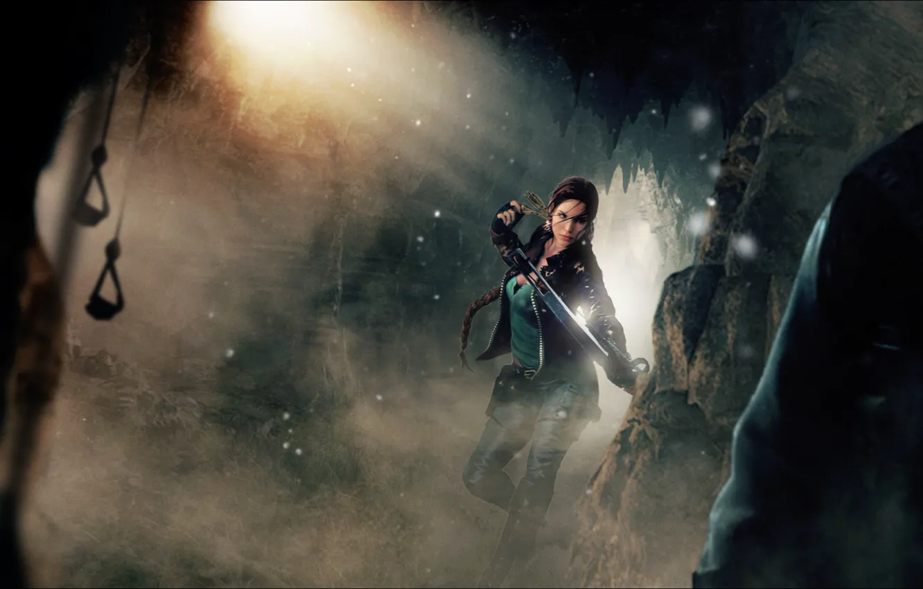 Фото обои девушка, арт, мужчина, пещера, lara croft, tomb raider