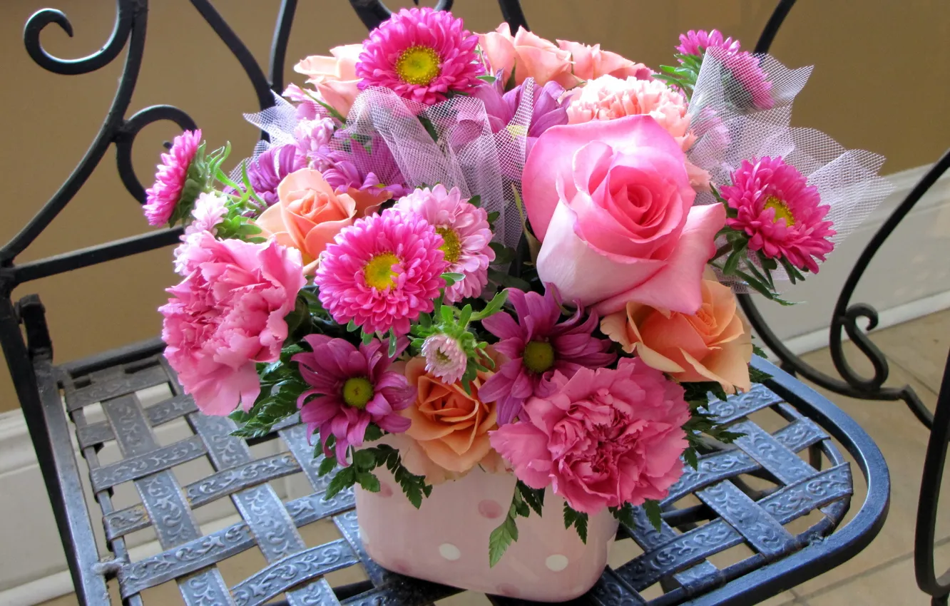 Фото обои цветок, цветы, розы, букет, розовые, гвоздики