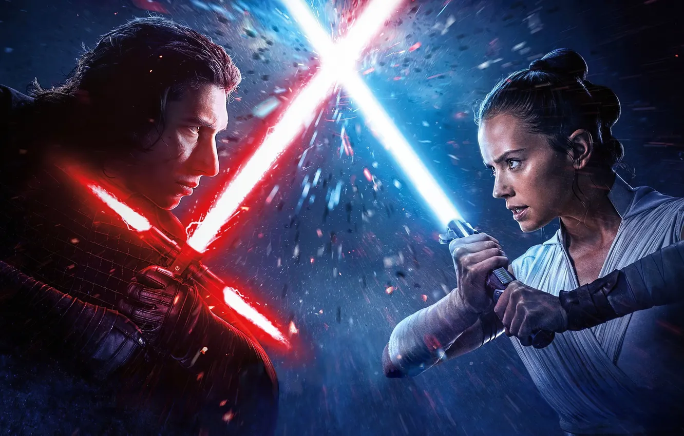 Фото обои девушка, противостояние, парень, световые мечи, Star Wars Episode IX The Rise of Skywalker