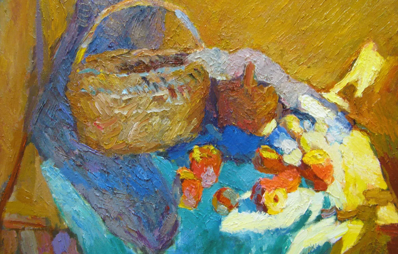 Фото обои стол, корзина, яблоки, натюрморт, 2005, Петяев, синяя ткань