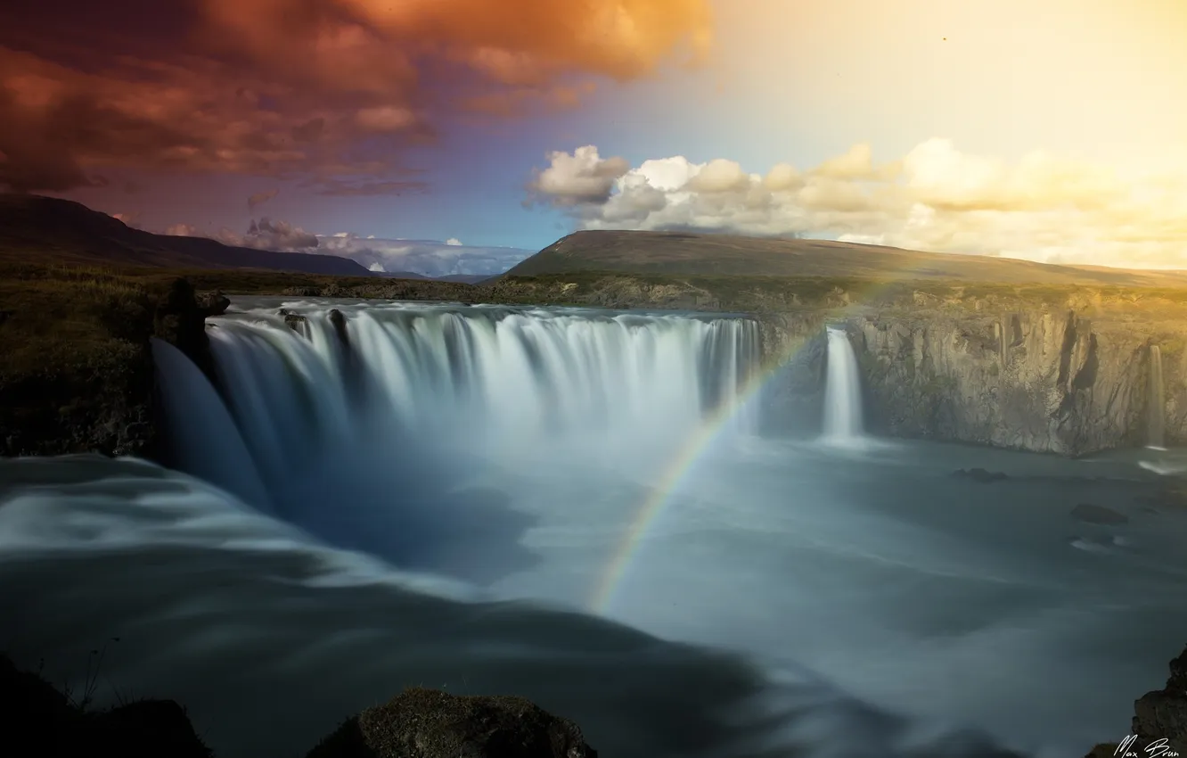 Фото обои небо, водопад, радуга
