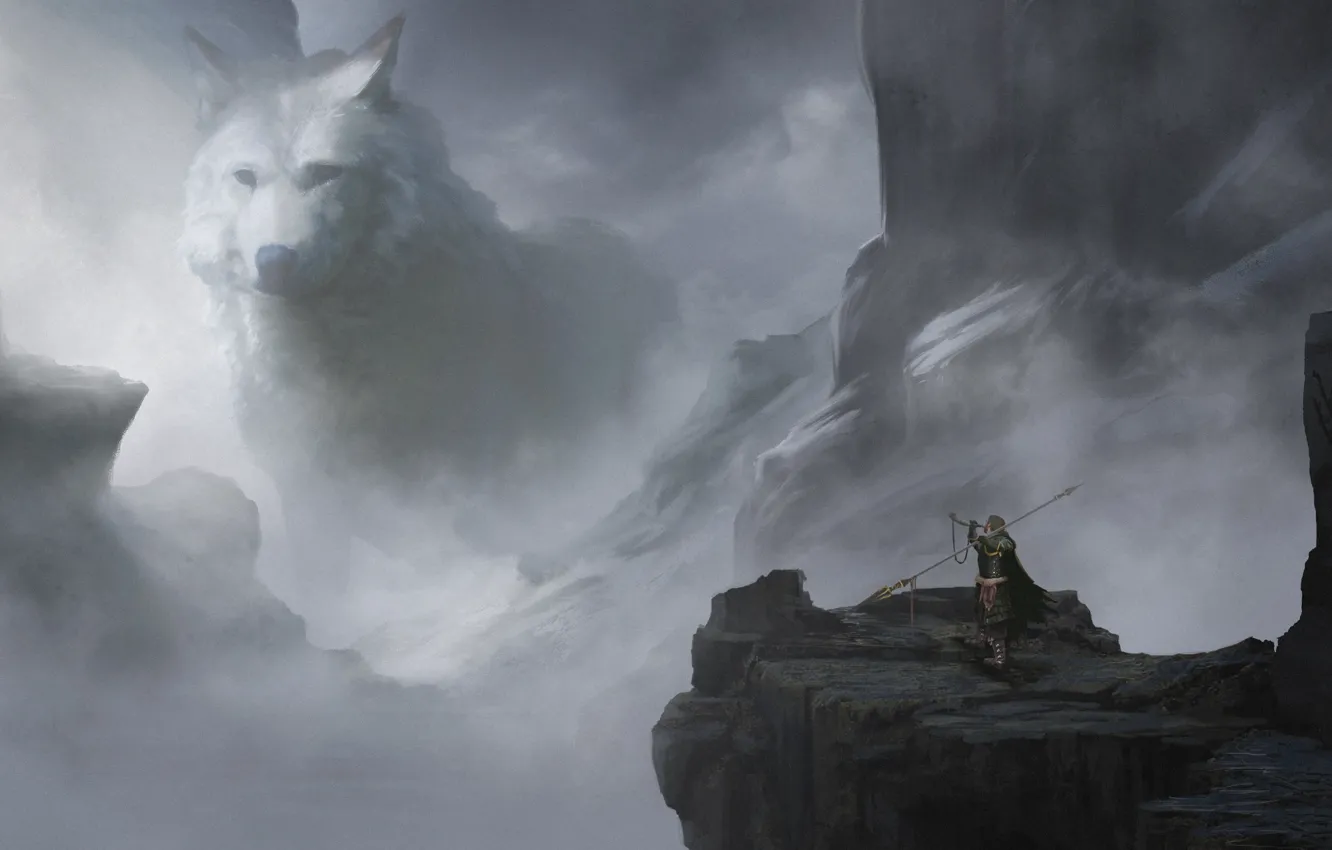 Фото обои туман, фантастика, скалы, волк, арт, wolf