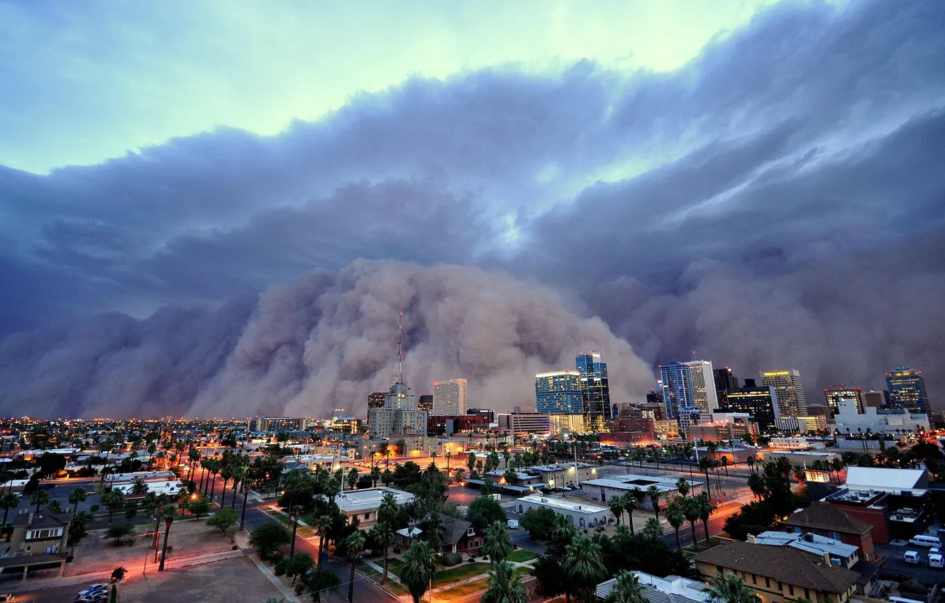 Фото обои шторм, город, вечер, ураган, пыльное буре