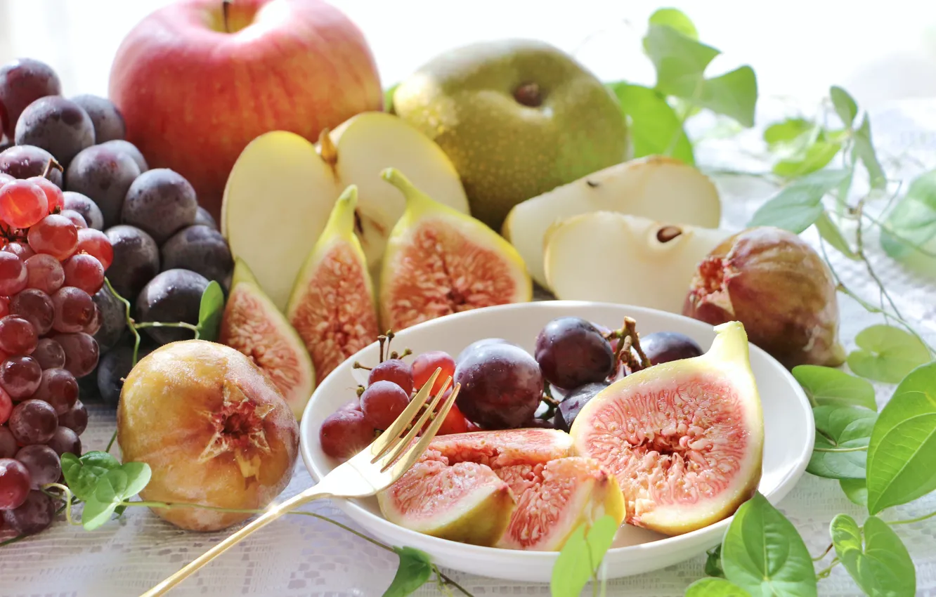 Фото обои ягоды, Яблоко, виноград, фрукты, инжир