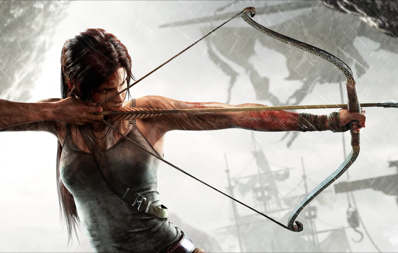 Фото обои девушка, лук, стрела, Tomb Raider, Лара Крофт, тетива, Lara Croft