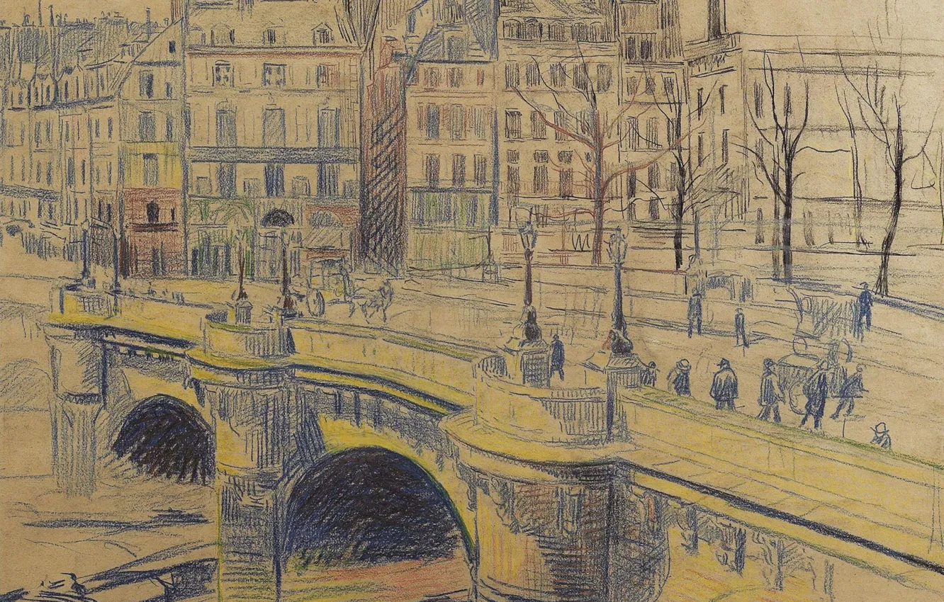 Фото обои рисунок, городской пейзаж, Максимильен Люс, Maximilien Luce, Новый Мост и Набережная Конти