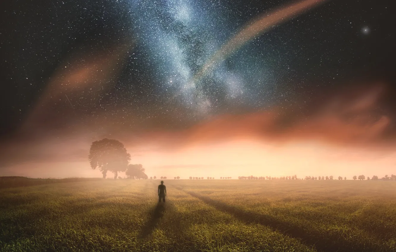 Фото обои поле, небо, звезды, свет, ночь, туман, человек, дымка