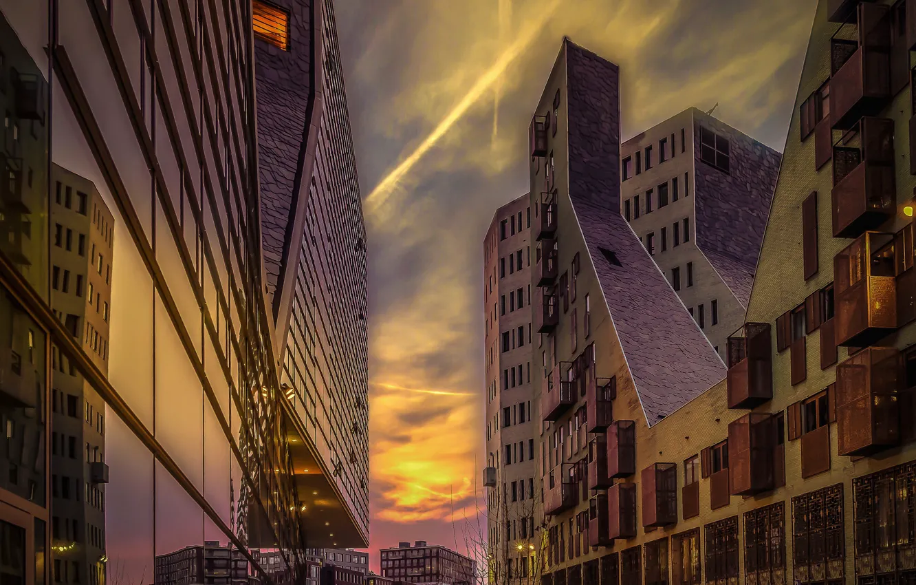 Фото обои отражение, улица, дома, вечер, Амстердам, Нидерланды