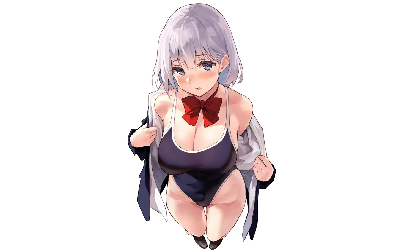 Фото обои girl, sexy, cleavage, boobs, anime, beautiful, short hair, purple eyes