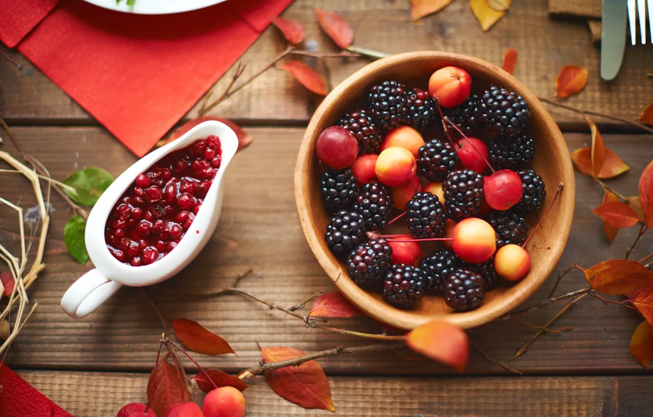 Фото обои листья, ягоды, wood, autumn, leaves, ежевика, варенье, berries