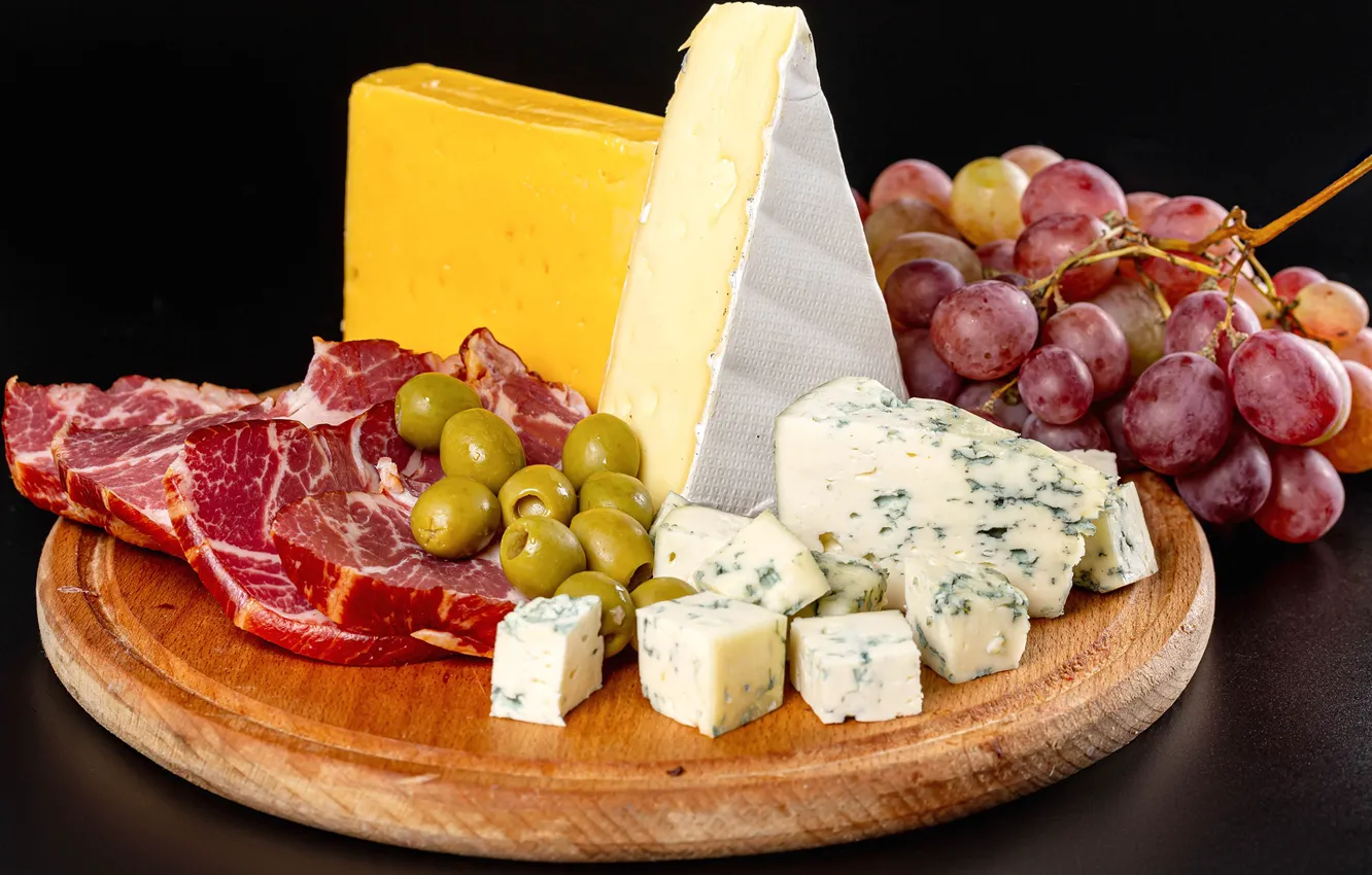 Фото обои сыр, виноград, мясо, оливки, grapes, cheese