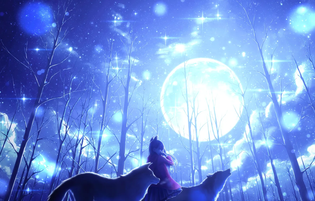 Фото обои зима, девушка, деревья, луна, волки