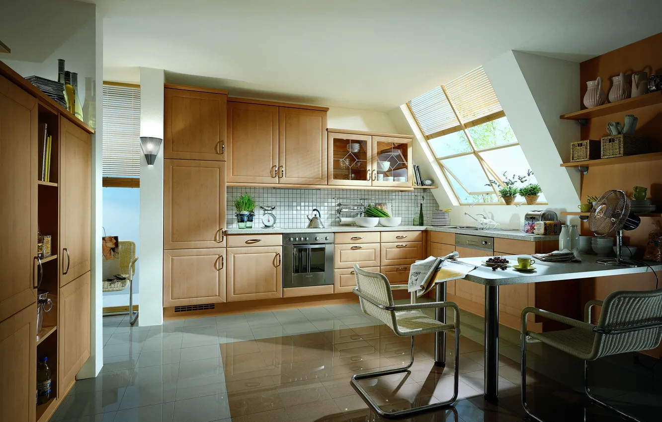 Фото обои Windows, Chair, Kitchen, Cupboard