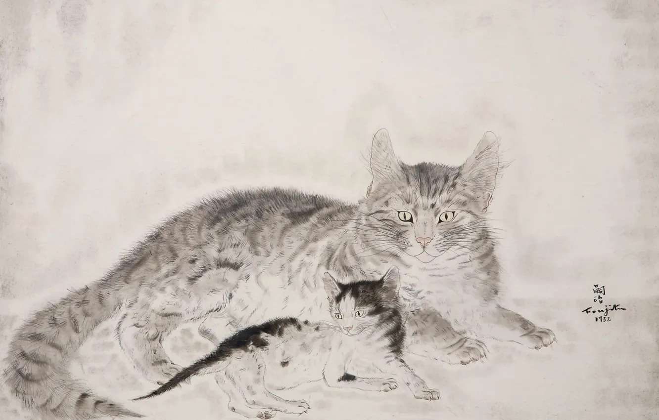 Фото обои чёрно-белые, 1932, Цугухару, Фудзита, Кошка с котенком