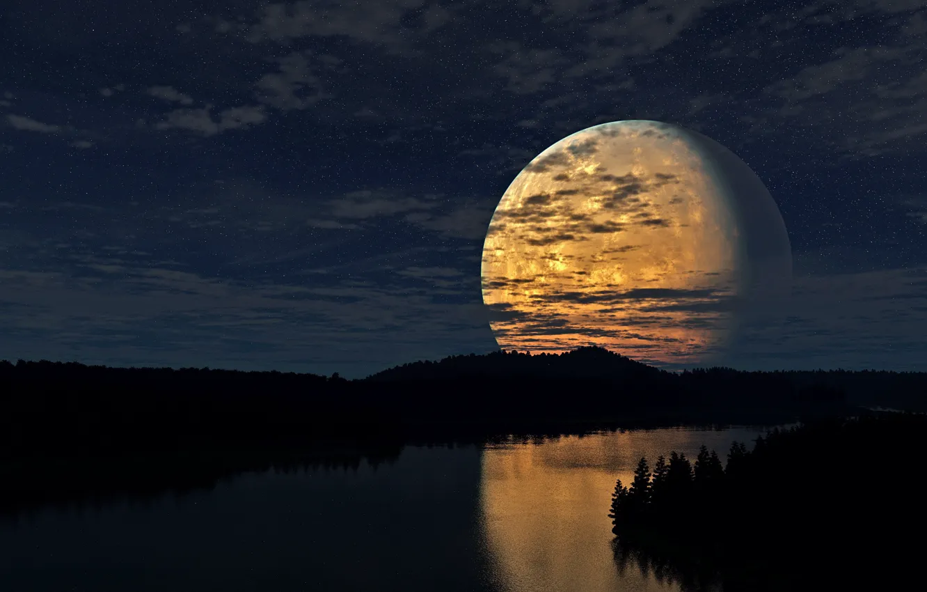 Фото обои лес, небо, звезды, облака, свет, ночь, река, Луна