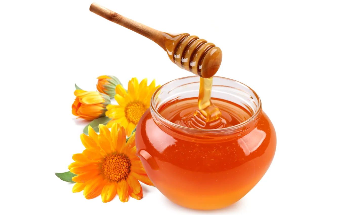 Фото обои цветы, мед, ложка, оранжевые, деревянная, баночка