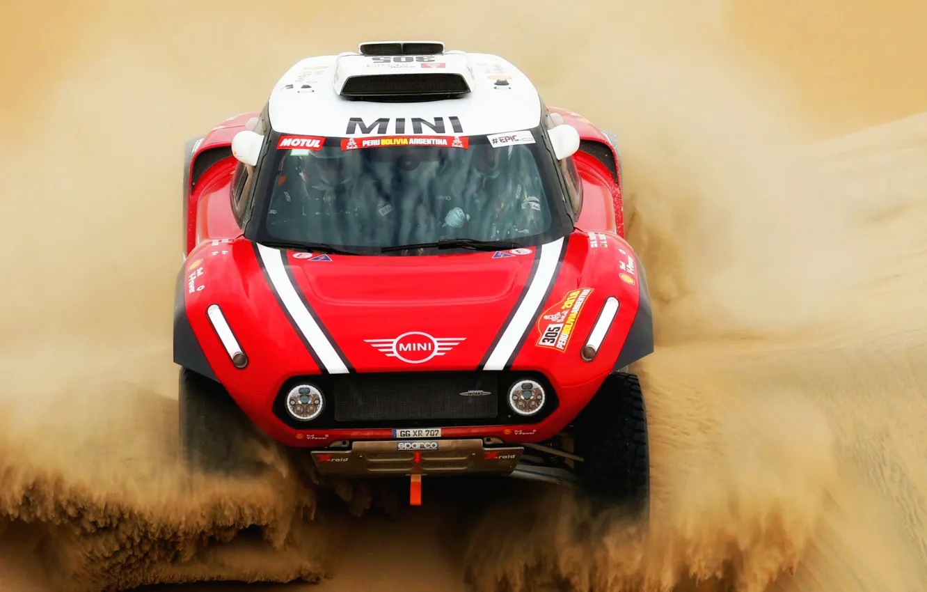 Фото обои Песок, Красный, Mini, Спорт, Пустыня, Фары, Rally, Dakar