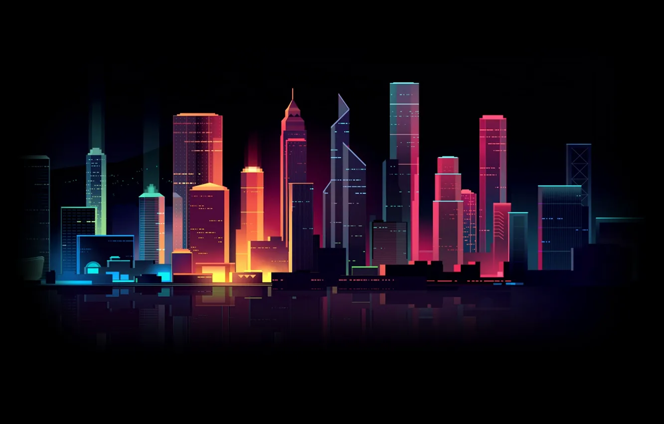 Фото обои city, город, lights, огни, минимализм, небоскребы, Неон, черный фон