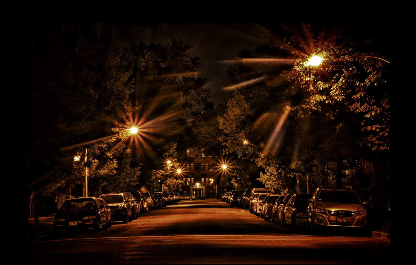 Фото обои машины, ночь, улица, фонари