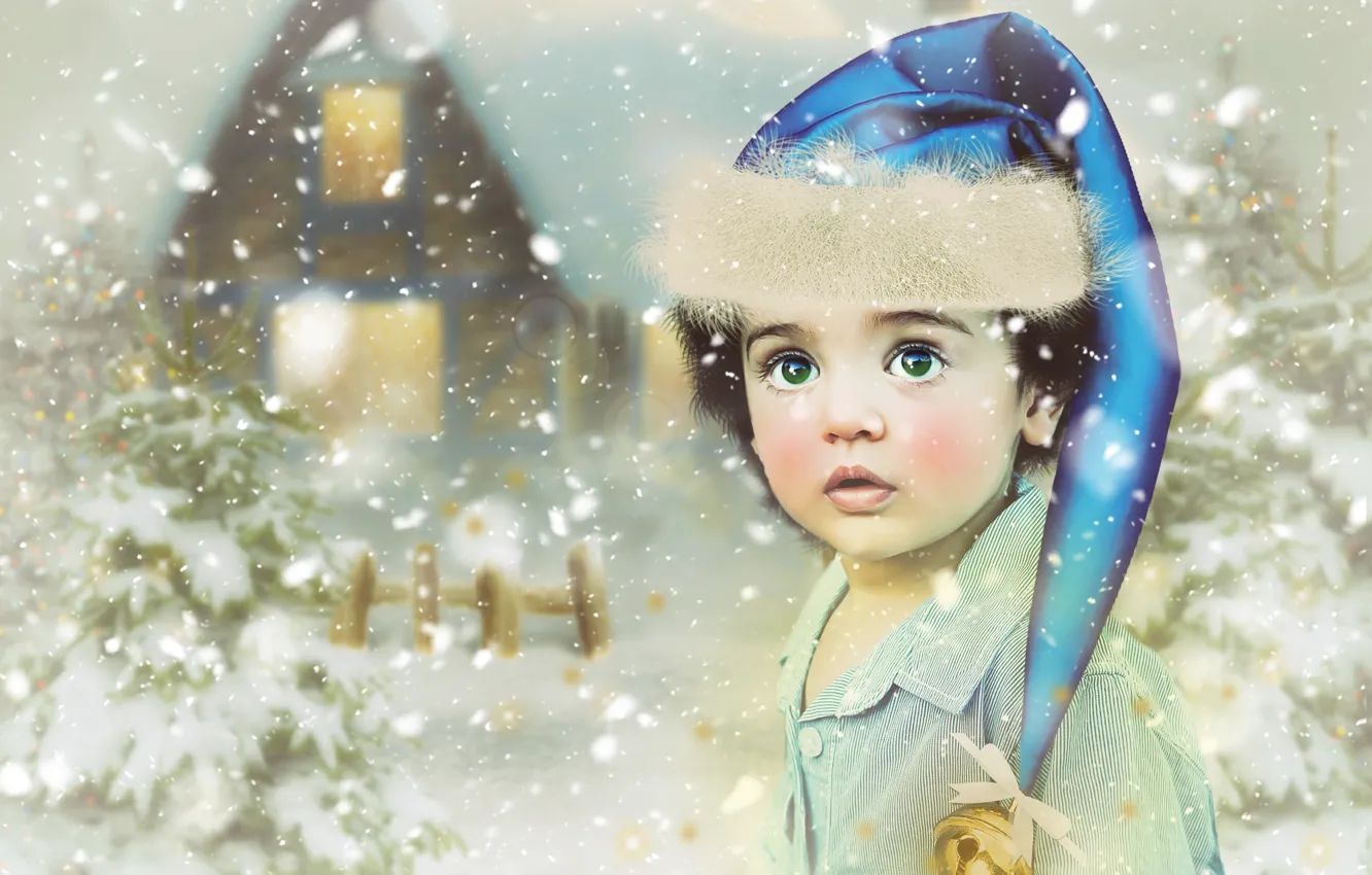 Фото обои зима, взгляд, снег, праздник, ребенок, портрет, мальчик, арт