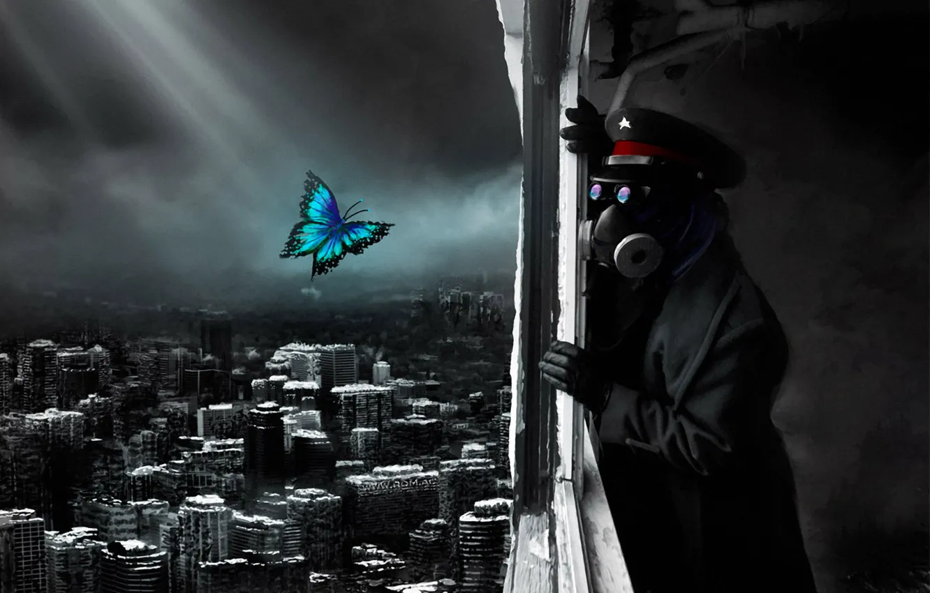 Фото обои город, бабочка, апокалипсис, разрушение, противогаз, капитан, конец, Romantically Apocalyptic