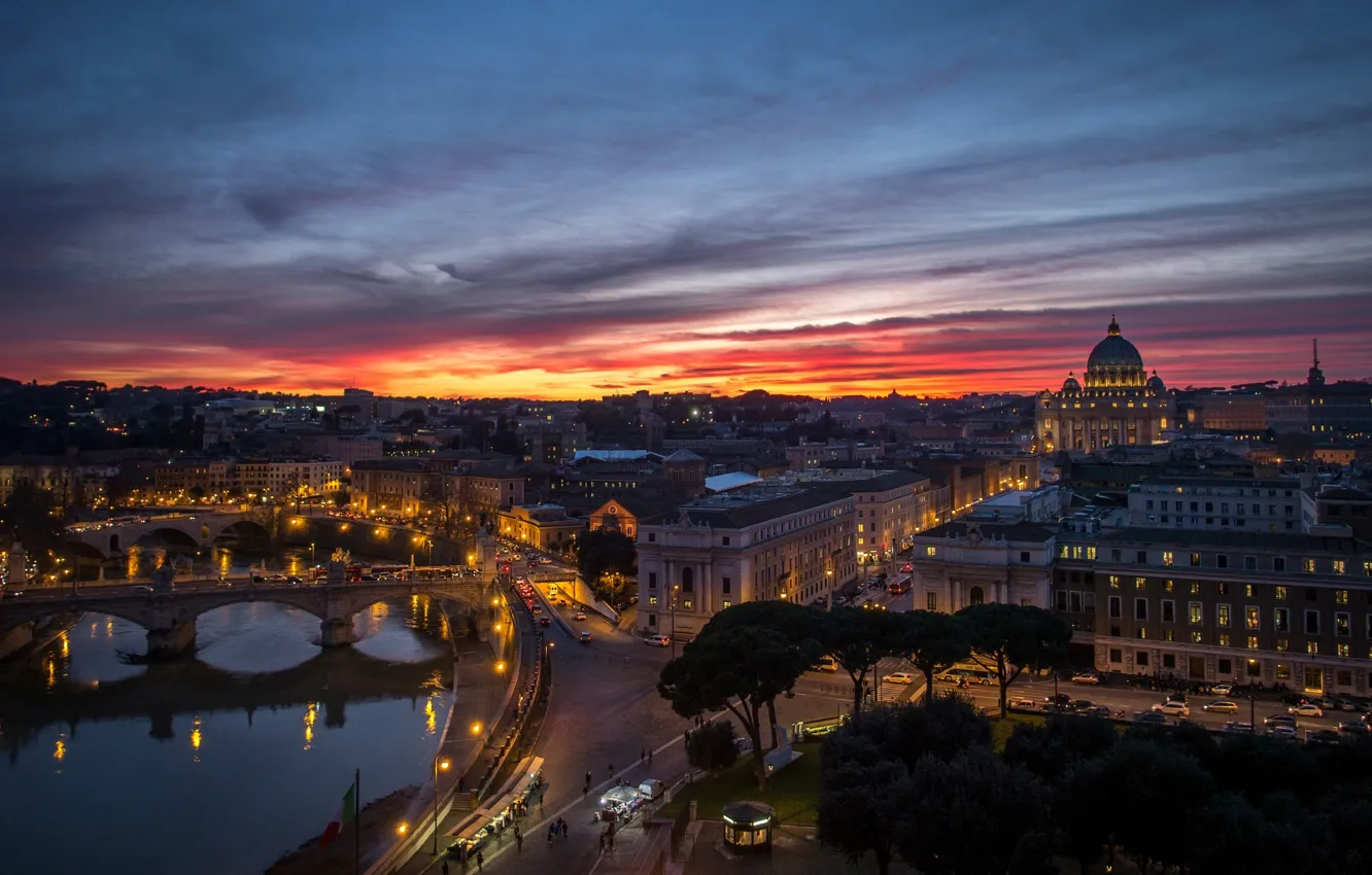 Фото обои закат, город, река, здания, дома, вечер, Рим, панорама