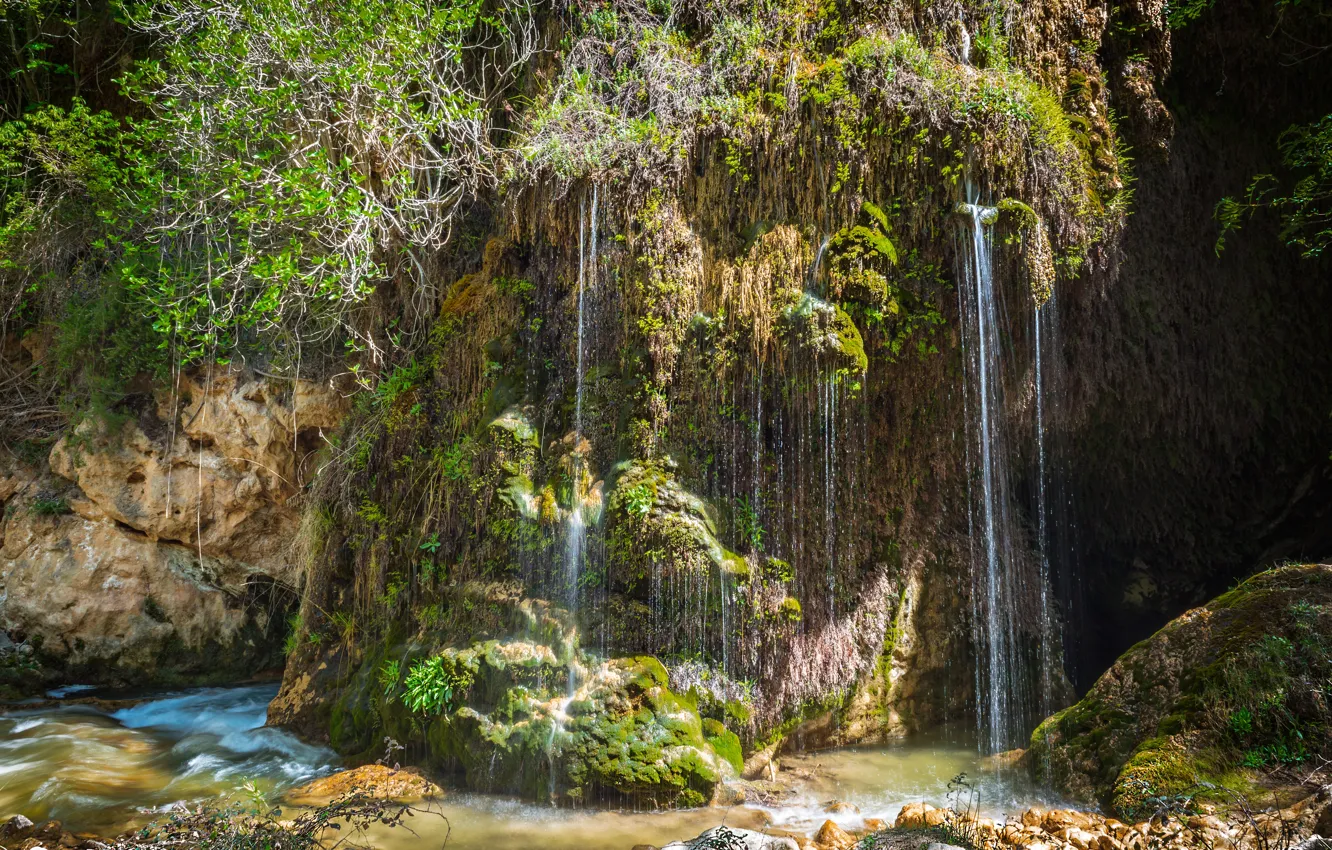 Фото обои природа, скала, водопад, мох, waterfalls, crag
