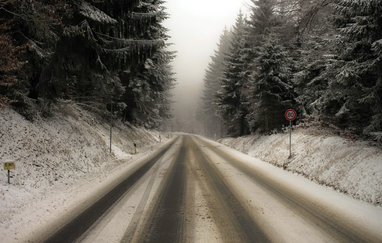 Фото обои зима, дорога, лес, пейзаж, природа, мрак