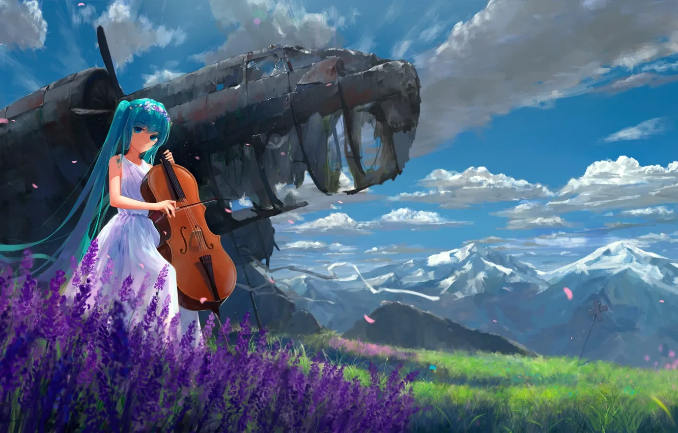 Фото обои небо, девушка, облака, цветы, горы, природа, самолет, аниме