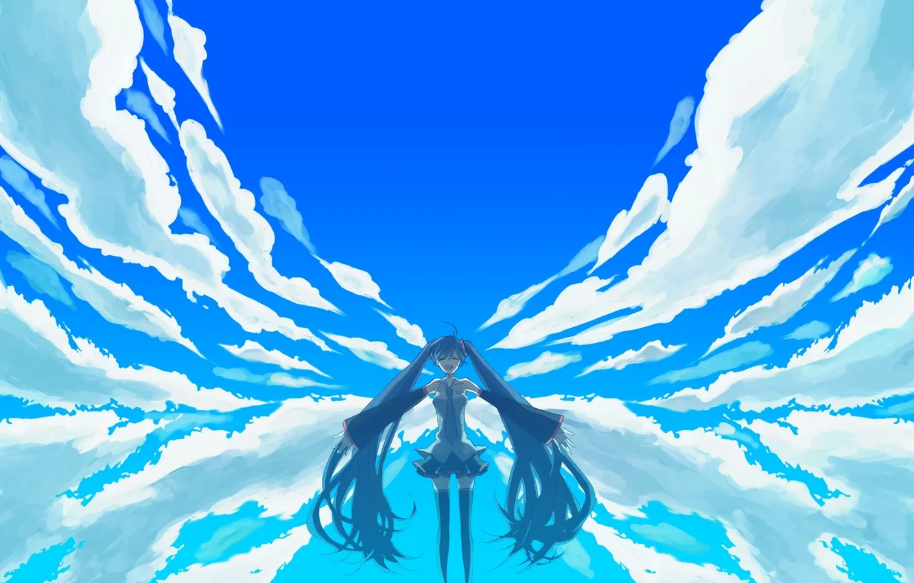 Фото обои небо, девушка, облака, арт, vocaloid, Hatsune Miku, вокалоид, хатсуне мику
