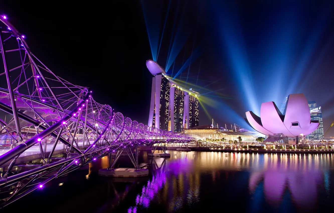 Фото обои небо, свет, мост, огни, цвет, чаша, Азия, Сингапур