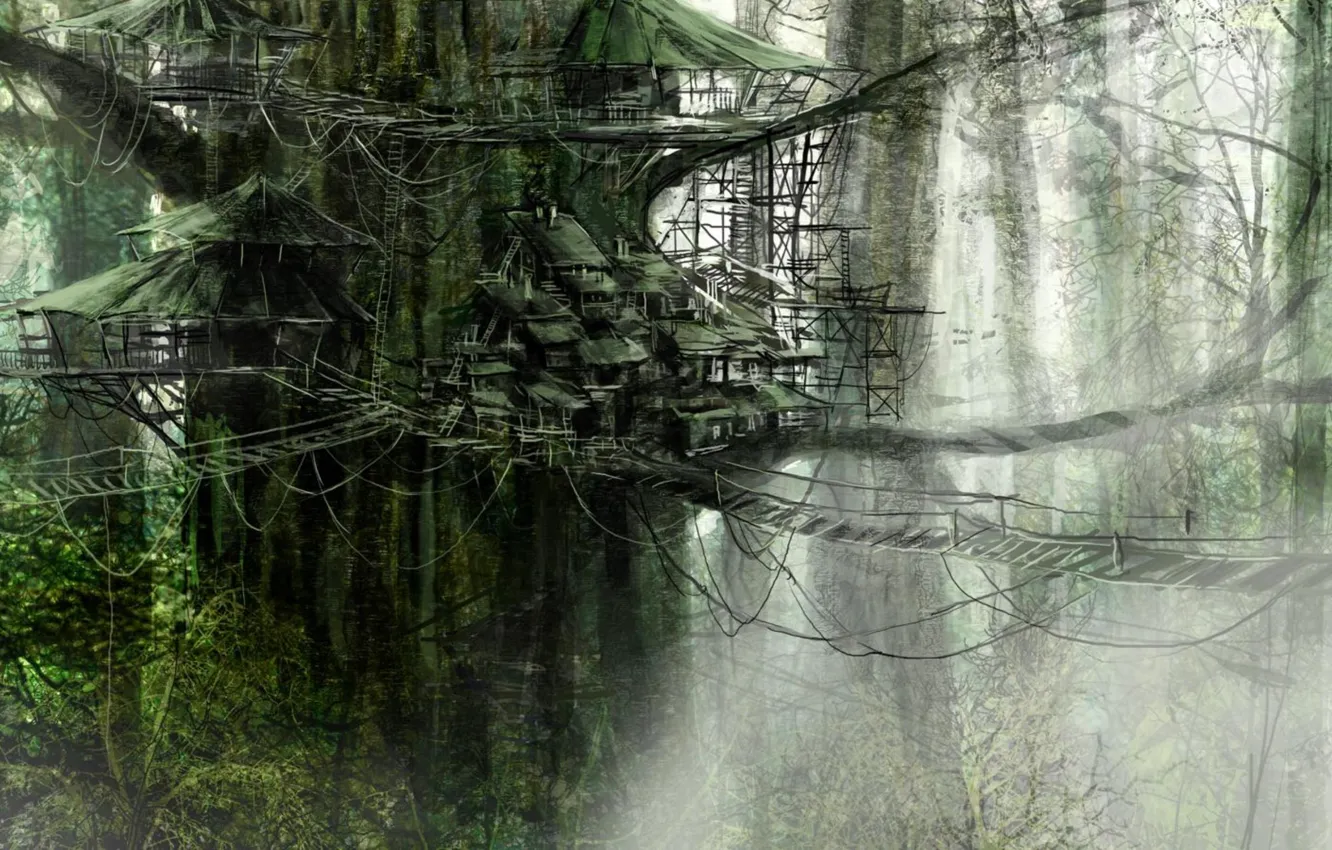 Фото обои лес, туман, дерево, азия, дома, деревня, веревочная лестница