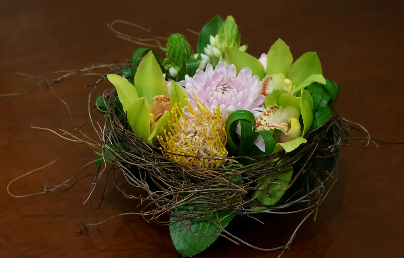 Фото обои орхидеи, корзинка, георгины