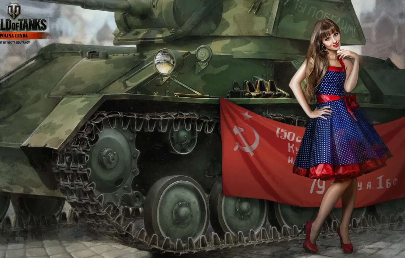 Фото обои девушка, брюнетка, танк, girl, танки, WoT, Мир танков, tank