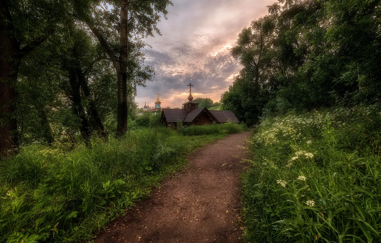 Фото обои зелень, трава, деревья, цветы, заросли, церковь, Россия, тропинка