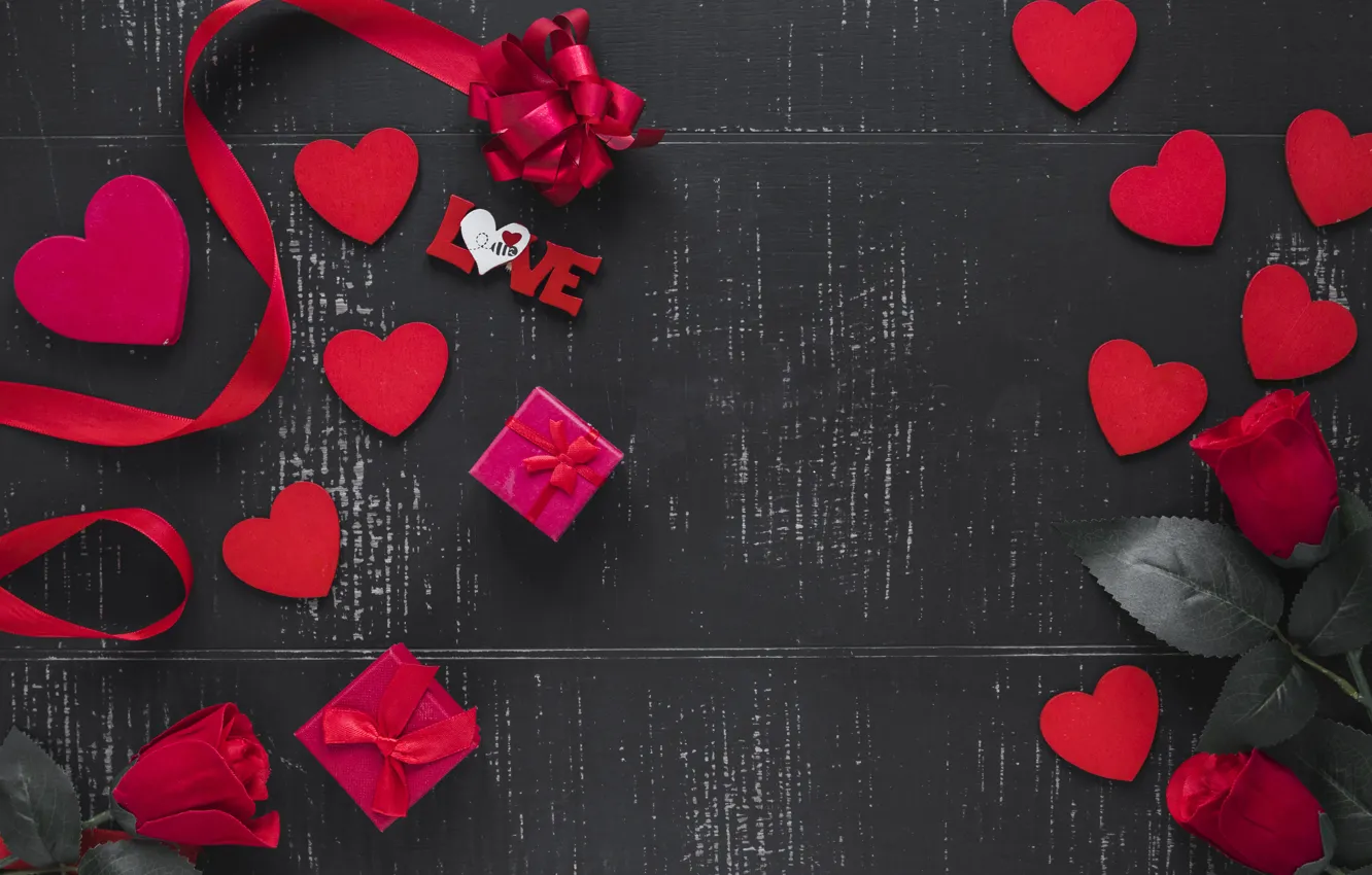 Фото обои праздник, подарок, розы, лента, сердечки, love, valentine's day