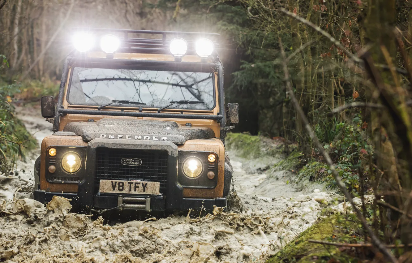 Фото обои вода, природа, грязь, Land Rover, Trophy, свет фар, Defender, Works