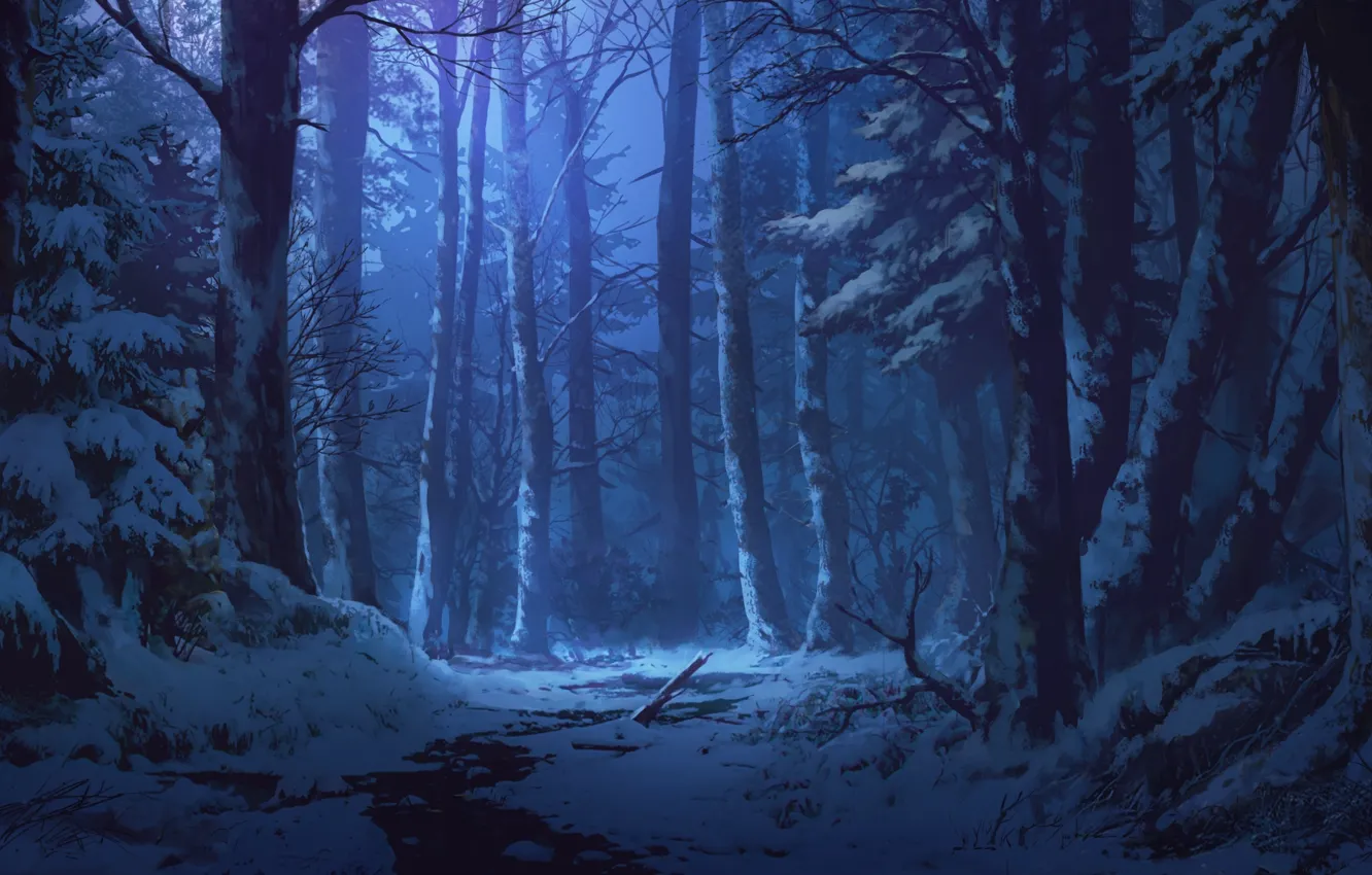Фото обои снег, ручей, сумерки, art, зимний лес, Adai Ikue