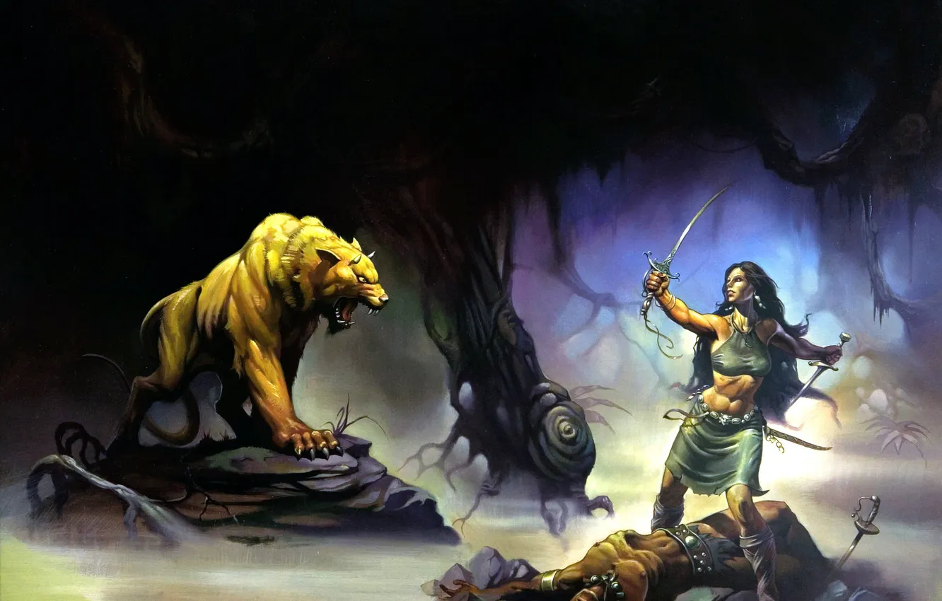 Фото обои девушка, меч, воин, пещера, зверь
