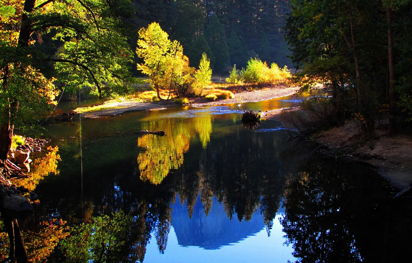 Фото обои осень, лес, деревья, горы, отражение, ожеро