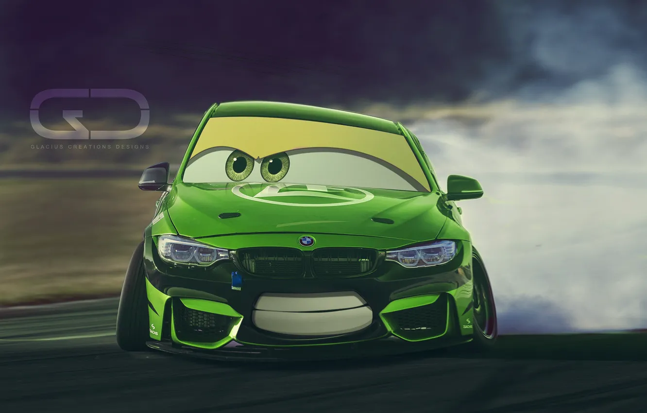 Фото обои Авто, BMW, Зеленый, Машина, Улыбка, Глаза, Арт, Cars