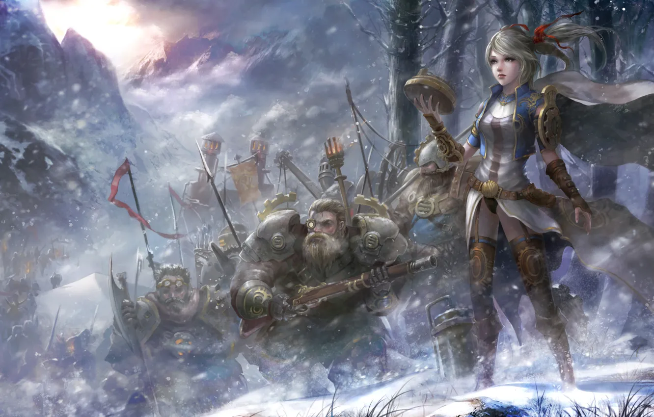 Фото обои девушка, горы, фентези, оружие, меч, доспехи, арт, отряд