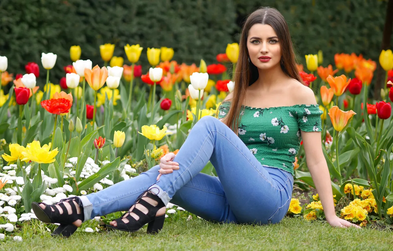 Фото обои взгляд, цветы, секси, газон, джинсы, тюльпаны, красотка, длинноволосая