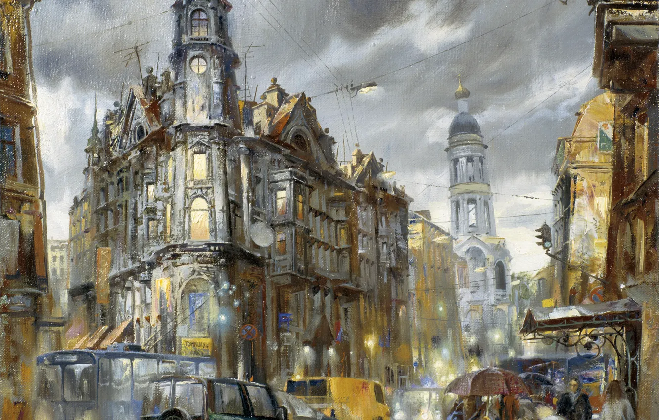 Фото обои машины, город, огни, дождь, транспорт, улица, рисунок, картина