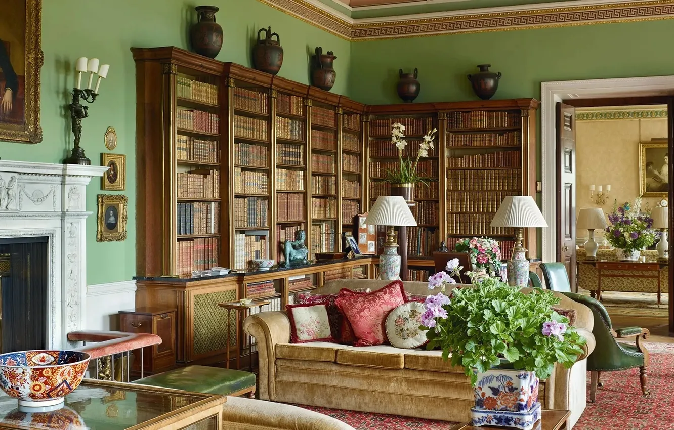 Фото обои English Country House Style, комната, дизайн, интерьер, by House & Garden, английский стиль, библиотека, гостиная