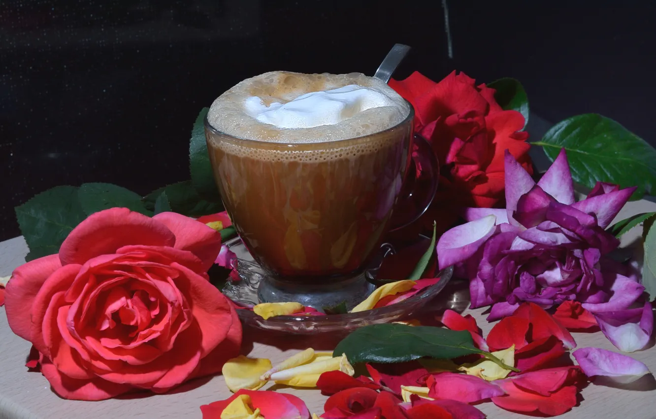 Фото обои цветы, кофе, розы, напиток, пенка