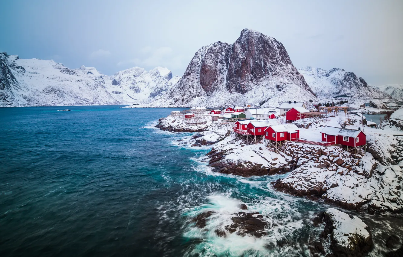 Фото обои зима, снег, Норвегия, городок, поселение, Февраль, архипелаг, Лофотенские острова