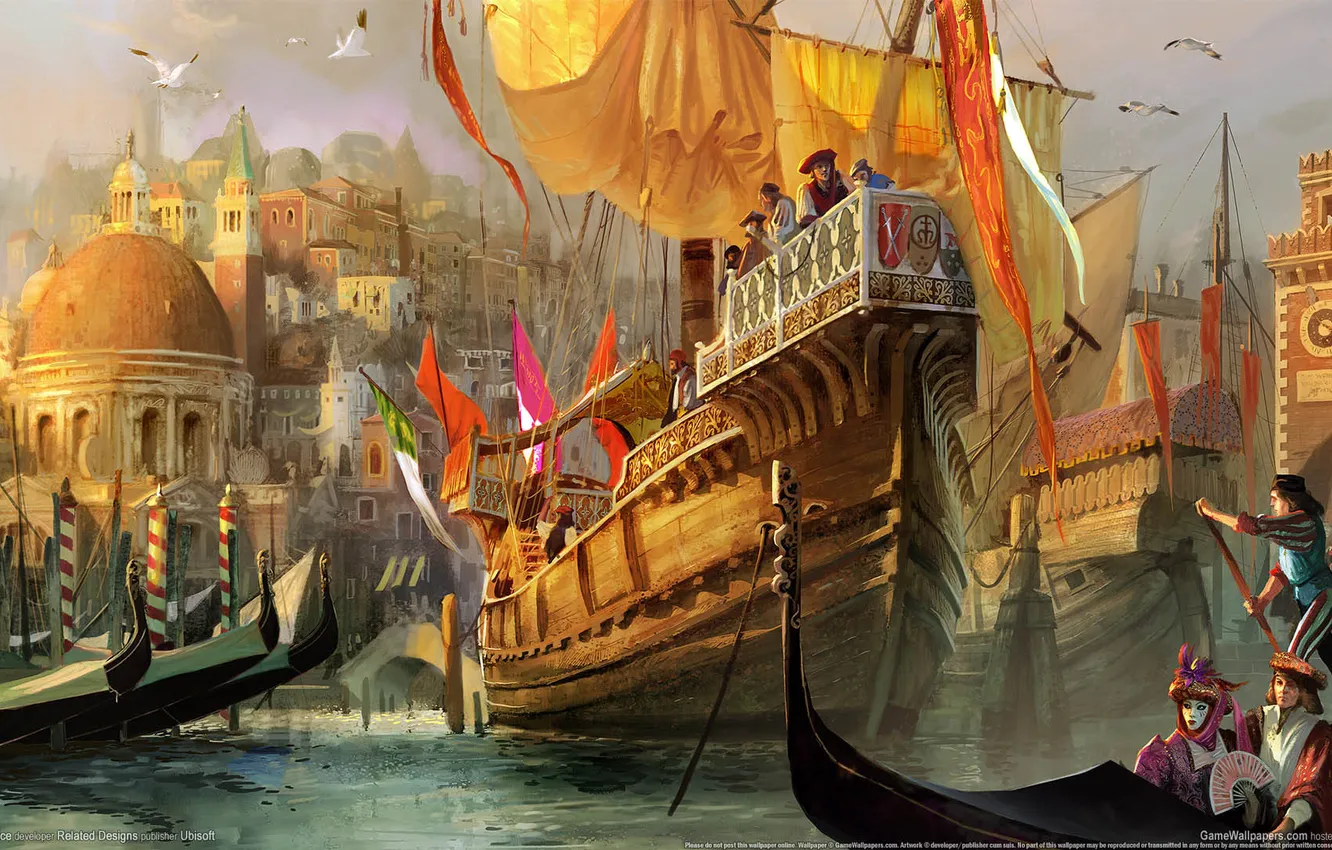 Фото обои город, чайки, арт, порт, Венеция, флаги, гавань, гондолы